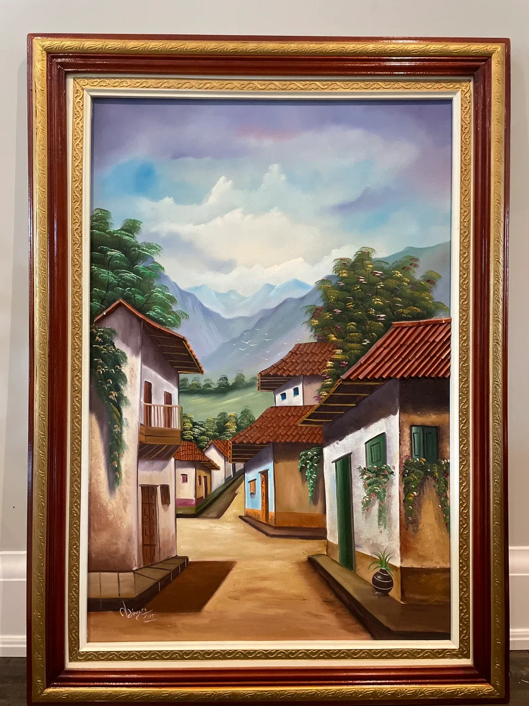 Framed oil painting of village thumbnail