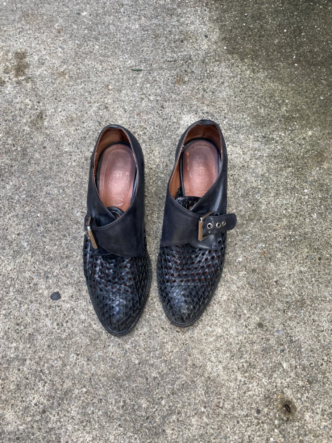 Black Woven Leather Block Heel Shoes, Size 6