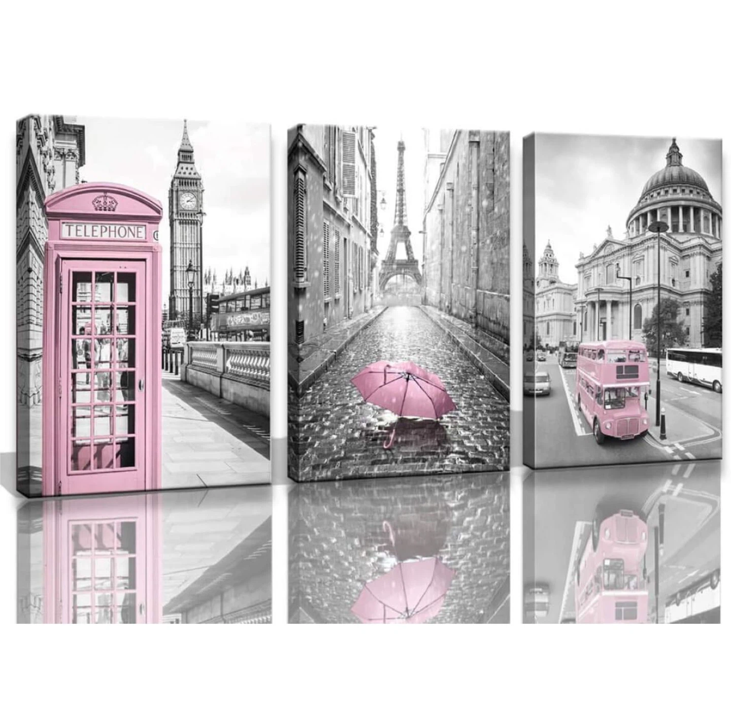 3 Black/White Wall Art Prints - Pink Accents