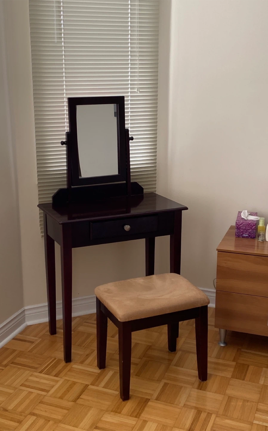 Dark Wood Vanity Table with Stool