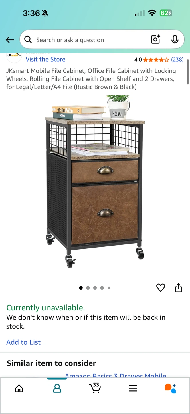 JKsmart Mobile File Cabinet - Rustic Brown & Black