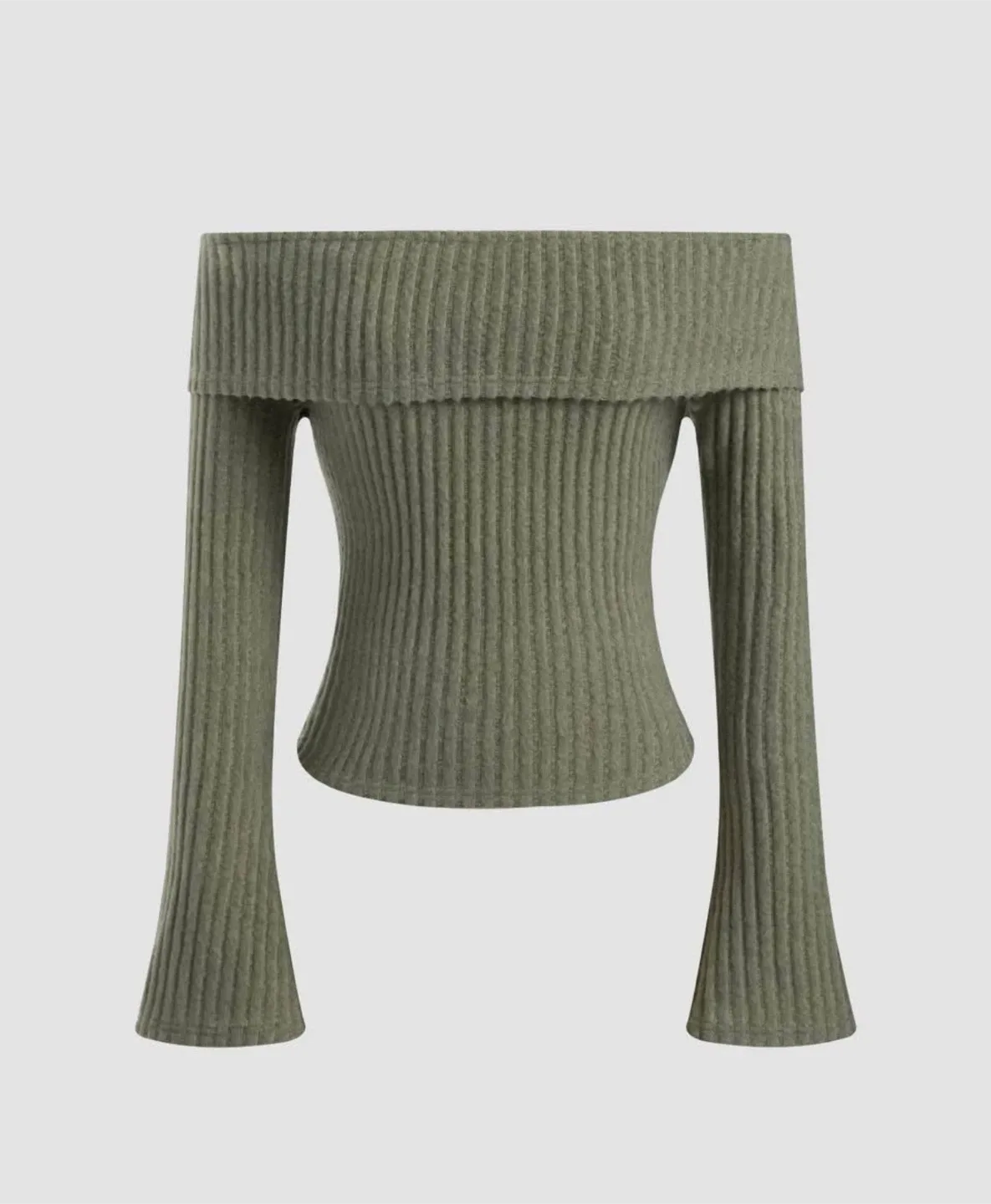 Olive Green Off-Shoulder Ribbed Top thumbnail