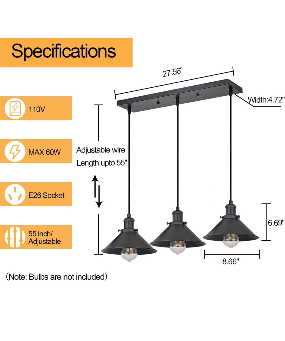 PASICA 3-Light Black Kitchen Island Pendant - photo 3
