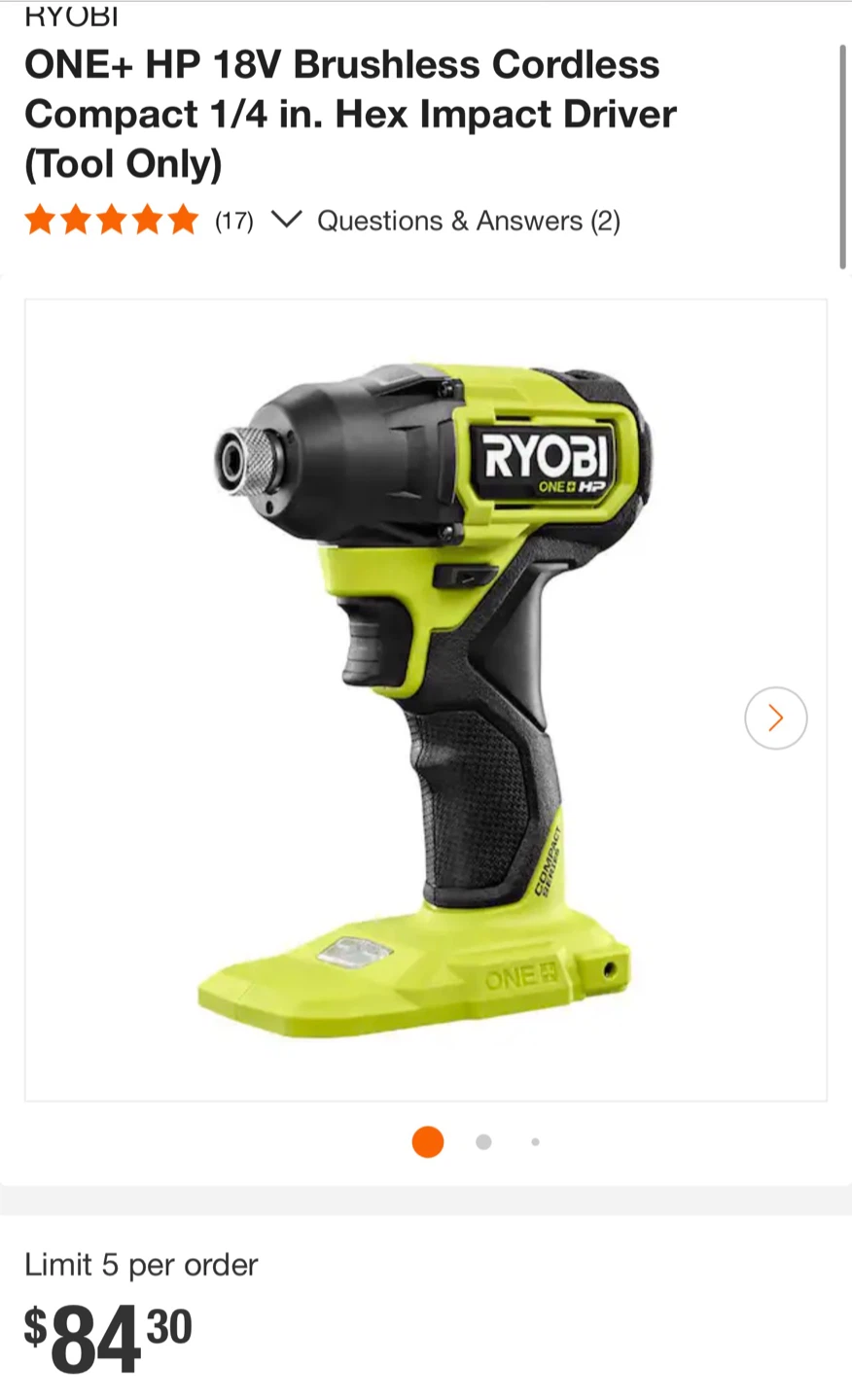 RYOBI ONE+ HP 18V Cordless Impact Driver (Tool Only)