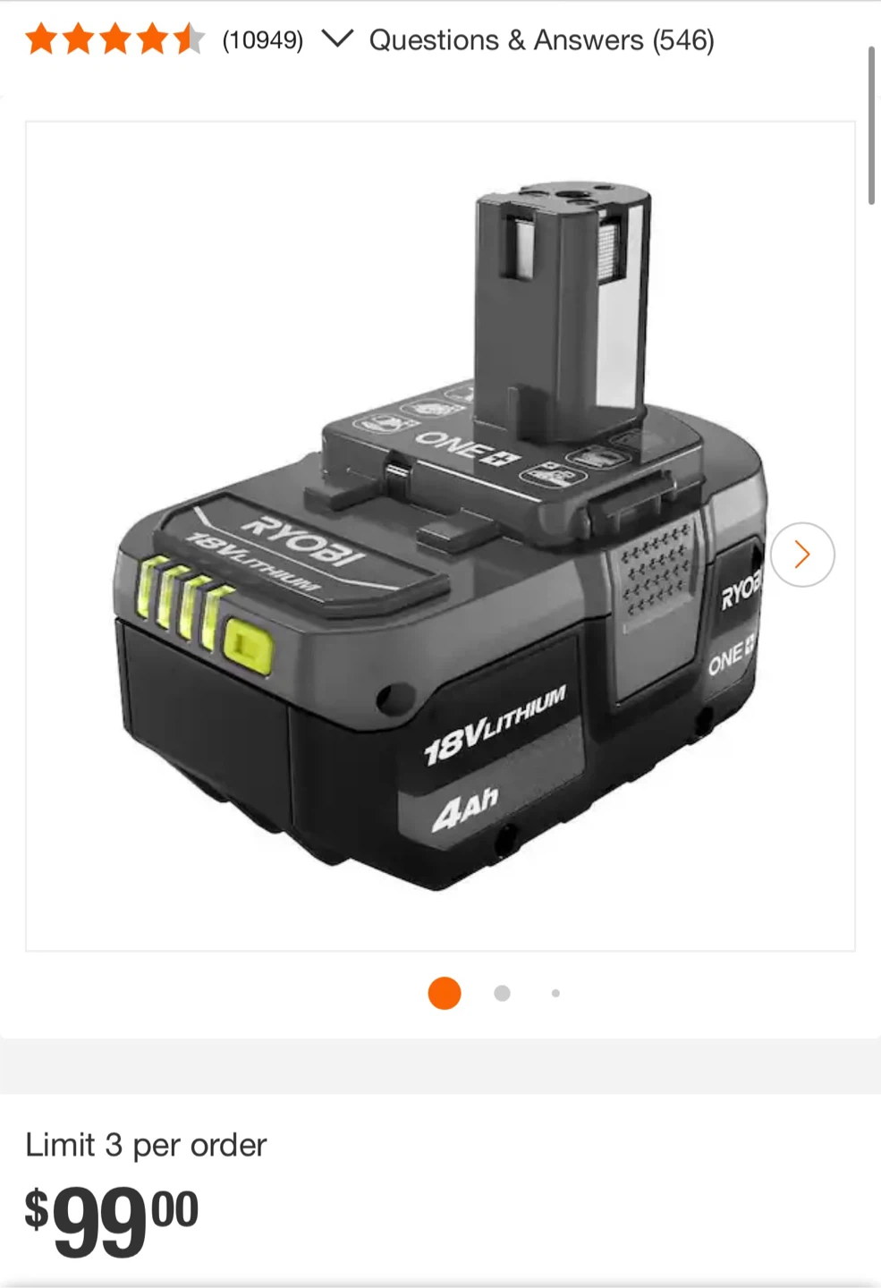 RYOBI ONE+ 18V Lithium 4Ah Battery
