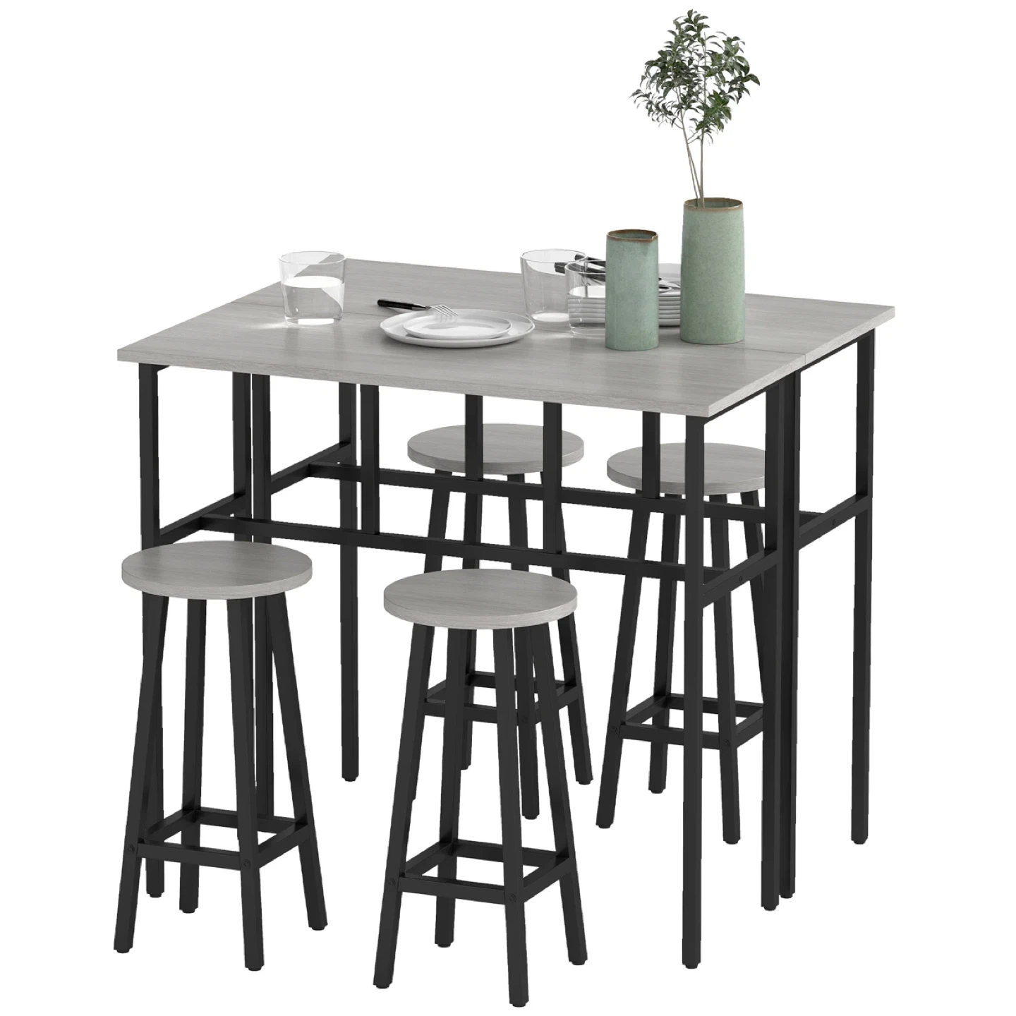 Bar Table Set of 6, 2 Breakfast Tables and 4 Stools