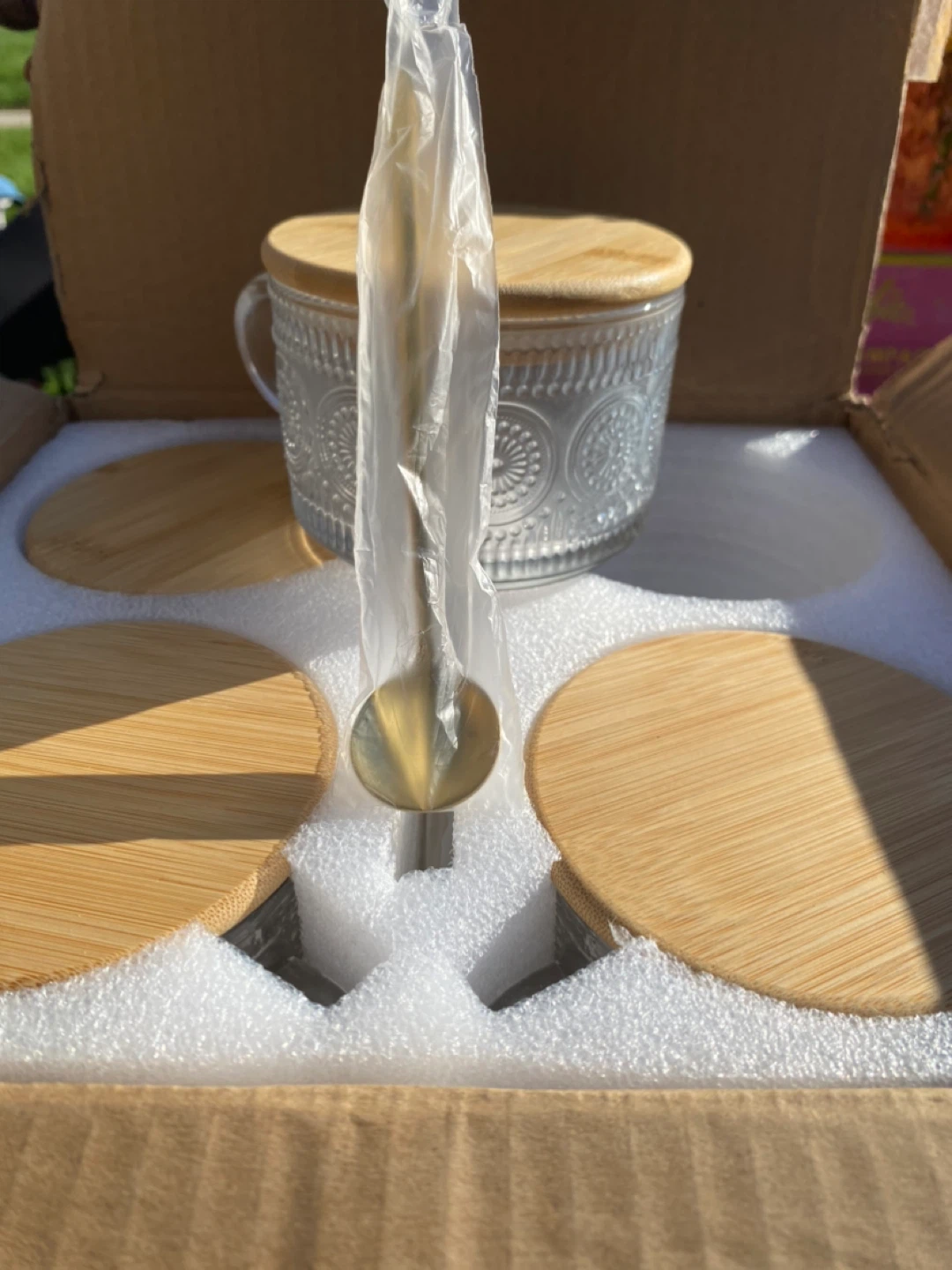 Glass Mug with Wooden Lid & Spoons (New)