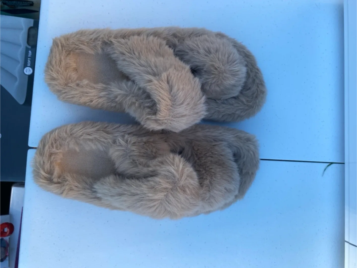Fuzzy Beige Criss Cross Slippers thumbnail