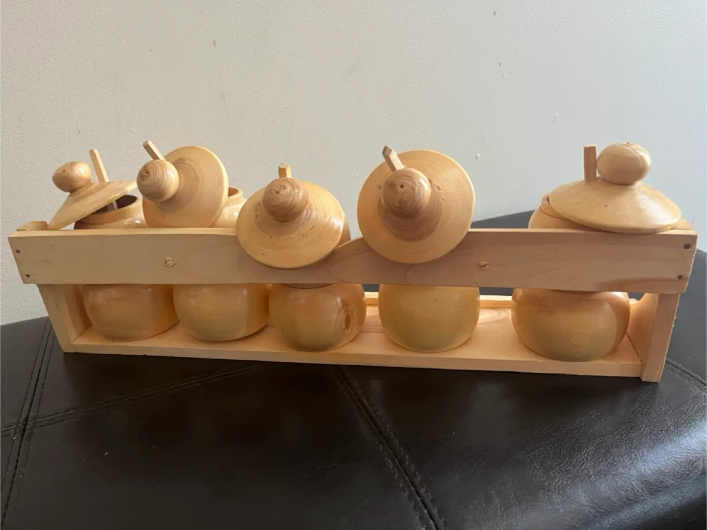 Vintage Handmade Wooden Spice Jar Set image indicator(6)