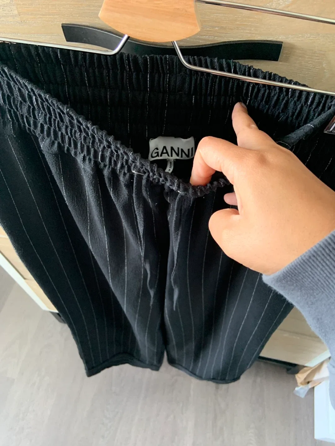 Ganni Black Pinstripe Wide Leg Pants image indicator(2)