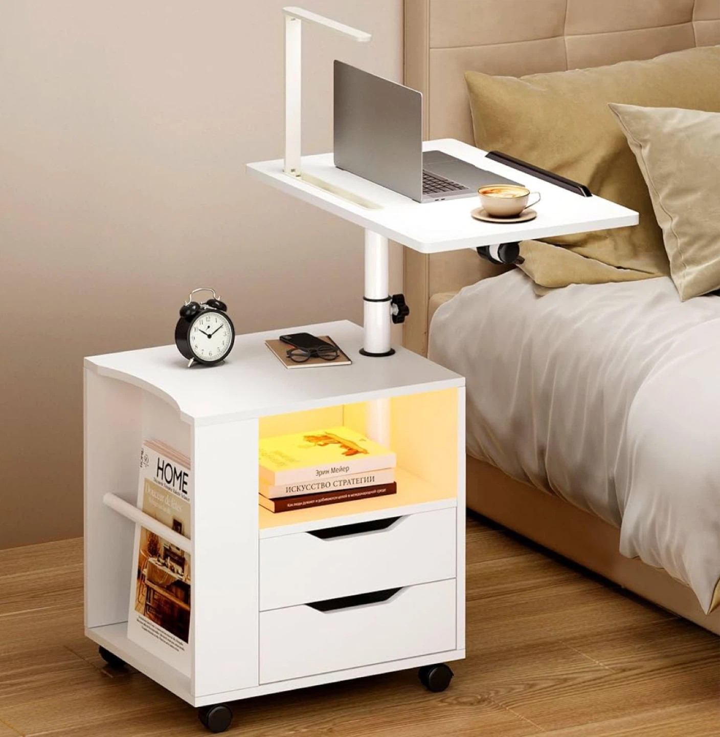 Rolling Bedside Table with Adjustable Laptop Desk