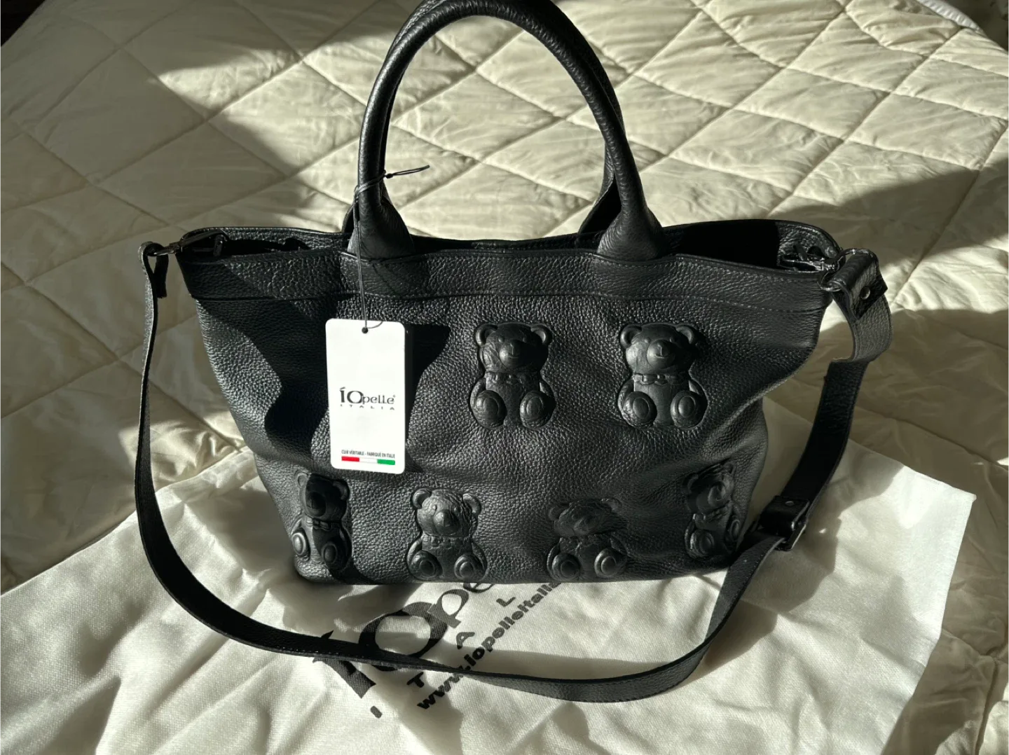 IO Pelle Black Leather Teddy Bear Embossed Tote Bag thumbnail