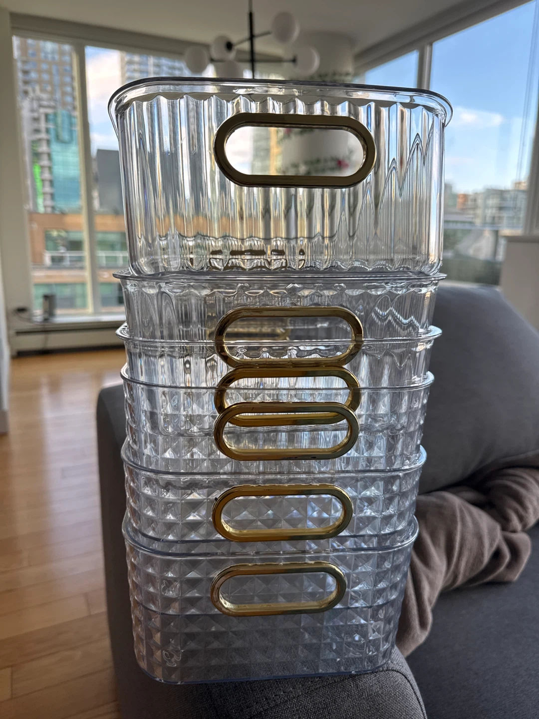 Clear Plastic Storage Bins with Gold Handles