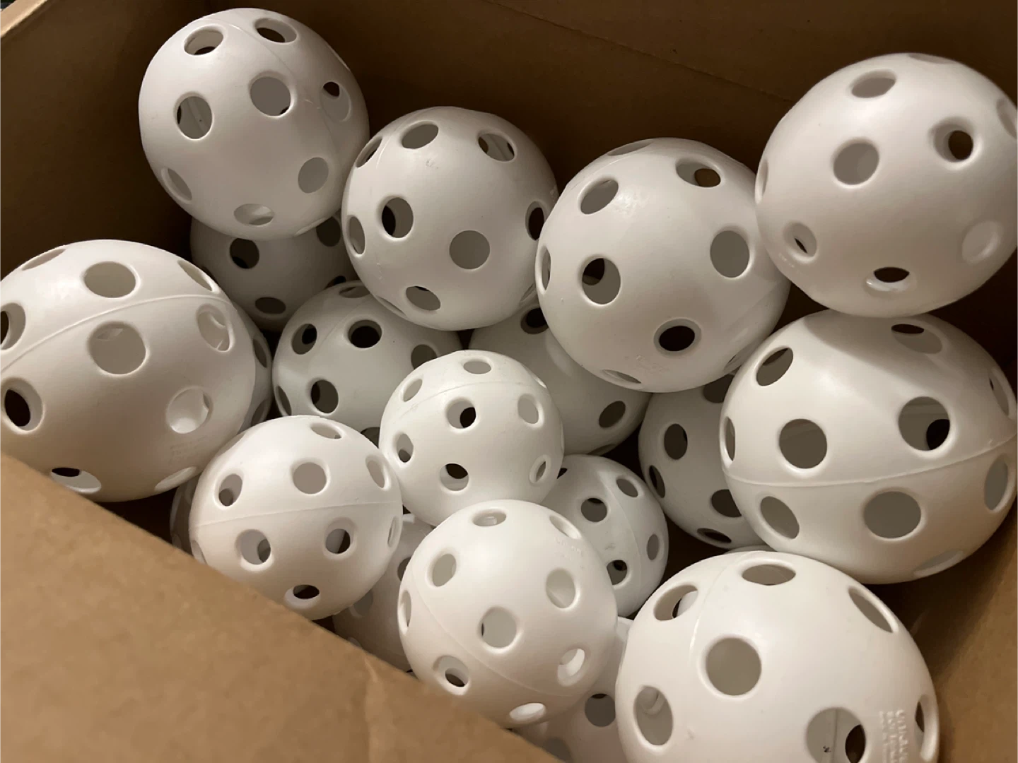 Box of White Wiffle Balls NEW (Small and Large)