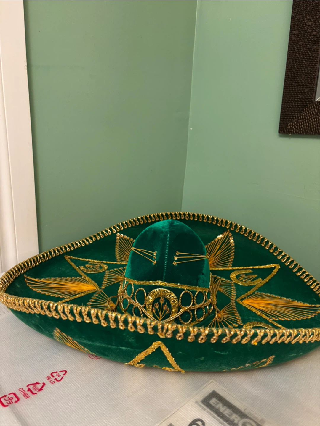 Green Sombrero with Gold Embroidery - Approx. 24 inch Diameter - photo 2