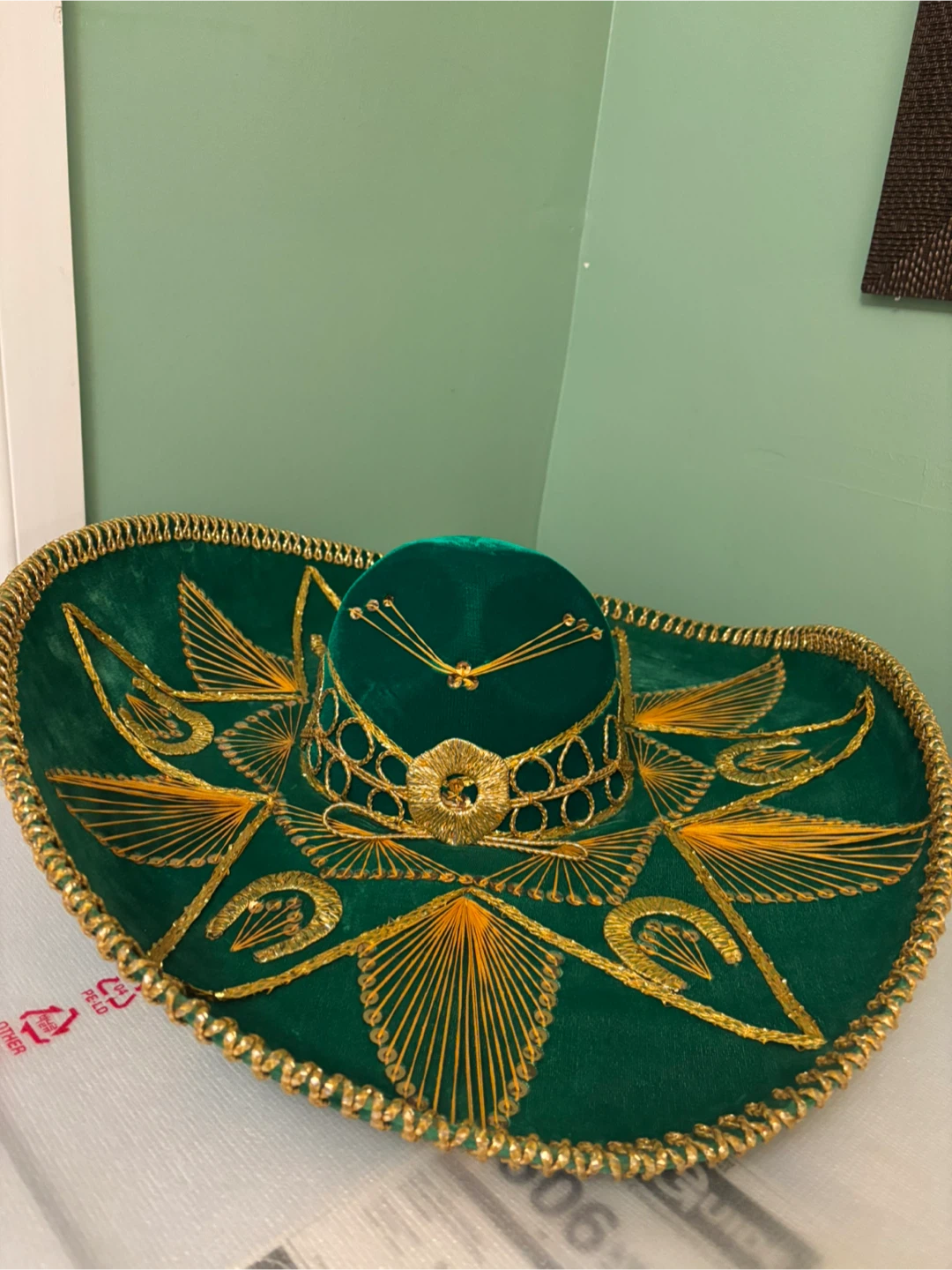 Green Sombrero with Gold Embroidery - Approx. 24 inch Diameter