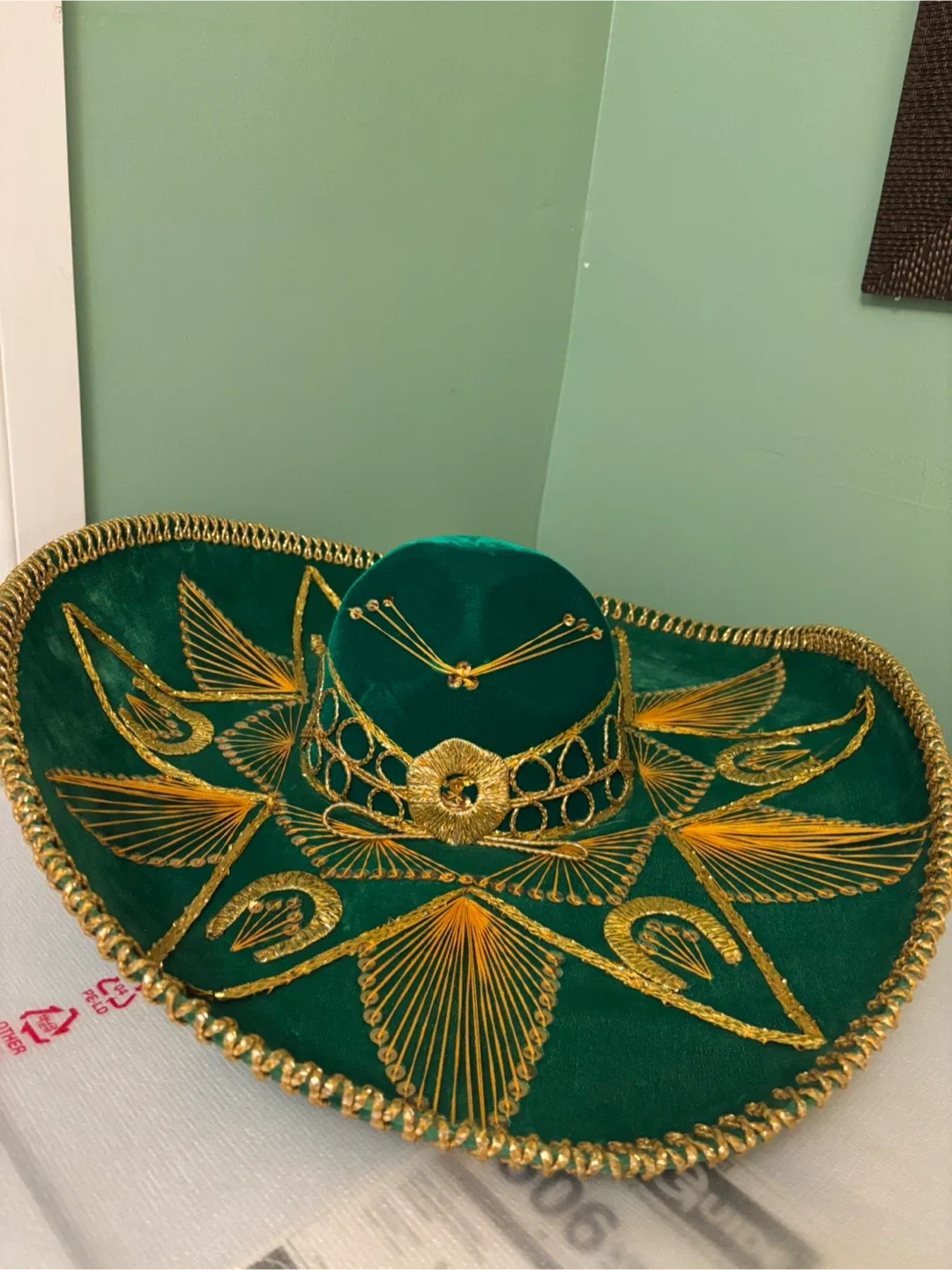 Green Sombrero with Gold Embroidery - Approx. 24 inch Diameter thumbnail