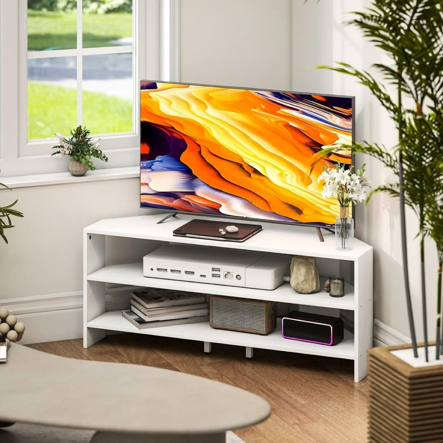 White Corner TV Stand with Shelves thumbnail