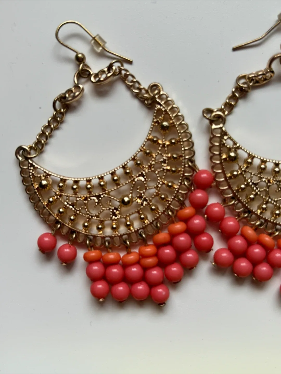 Gold Tone Earrings with Coral coloured Beads image indicator(2)