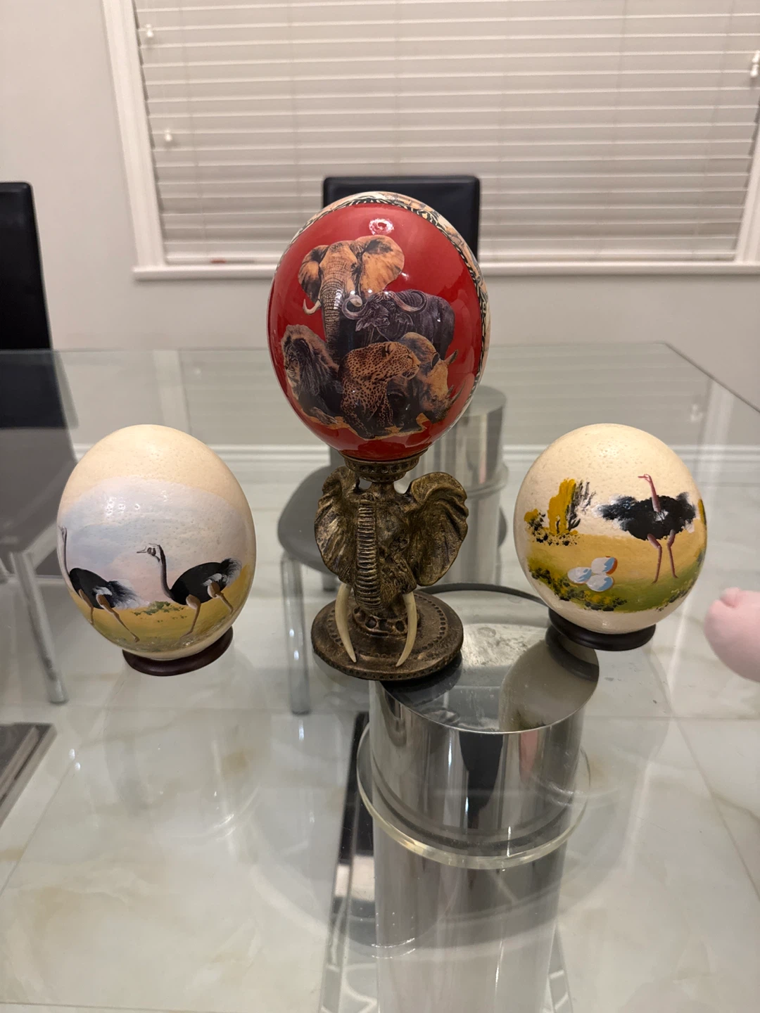Hand-Painted Ostrich Eggs with Elephant Stand