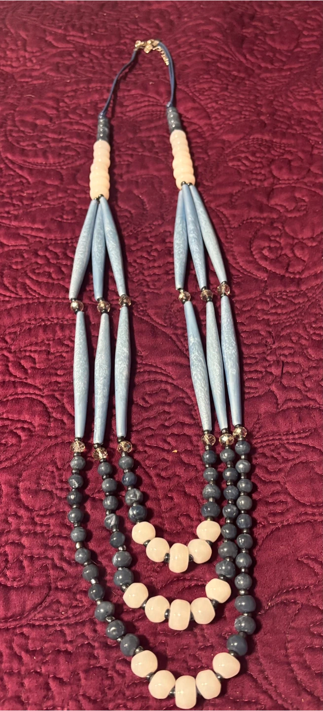 Beaded Necklace - Blue, Grey, and White