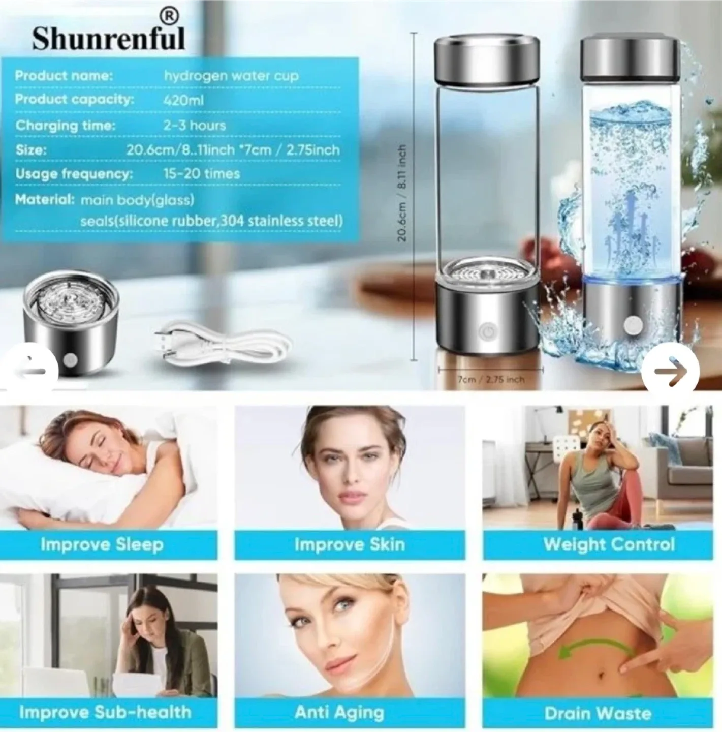 Shunrenful Hydrogen Water Cup 420ml image indicator(2)