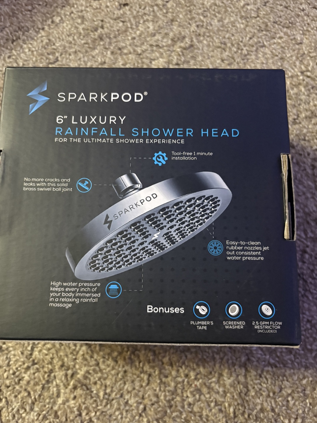 SparkPod 6" Luxury Rainfall Shower Head - New in Box! - photo 2