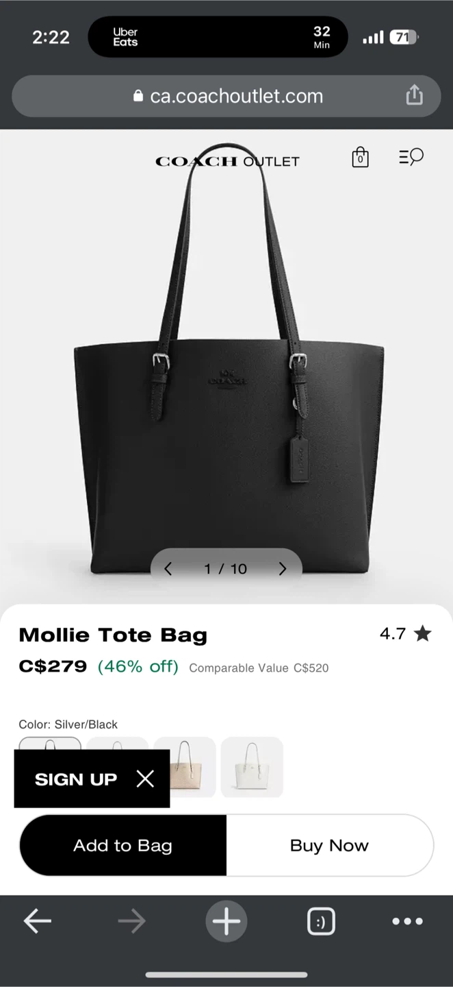 Coach Mollie Tote Bag - Black/Silver