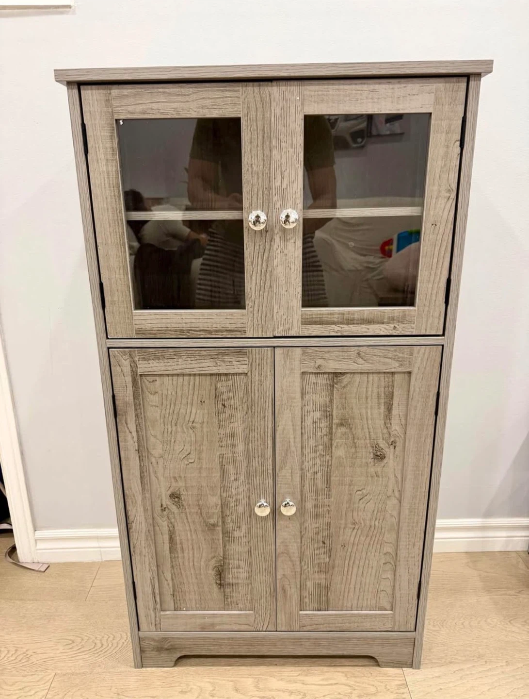 Grey Wood Grain Accent Cabinet with Glass Door