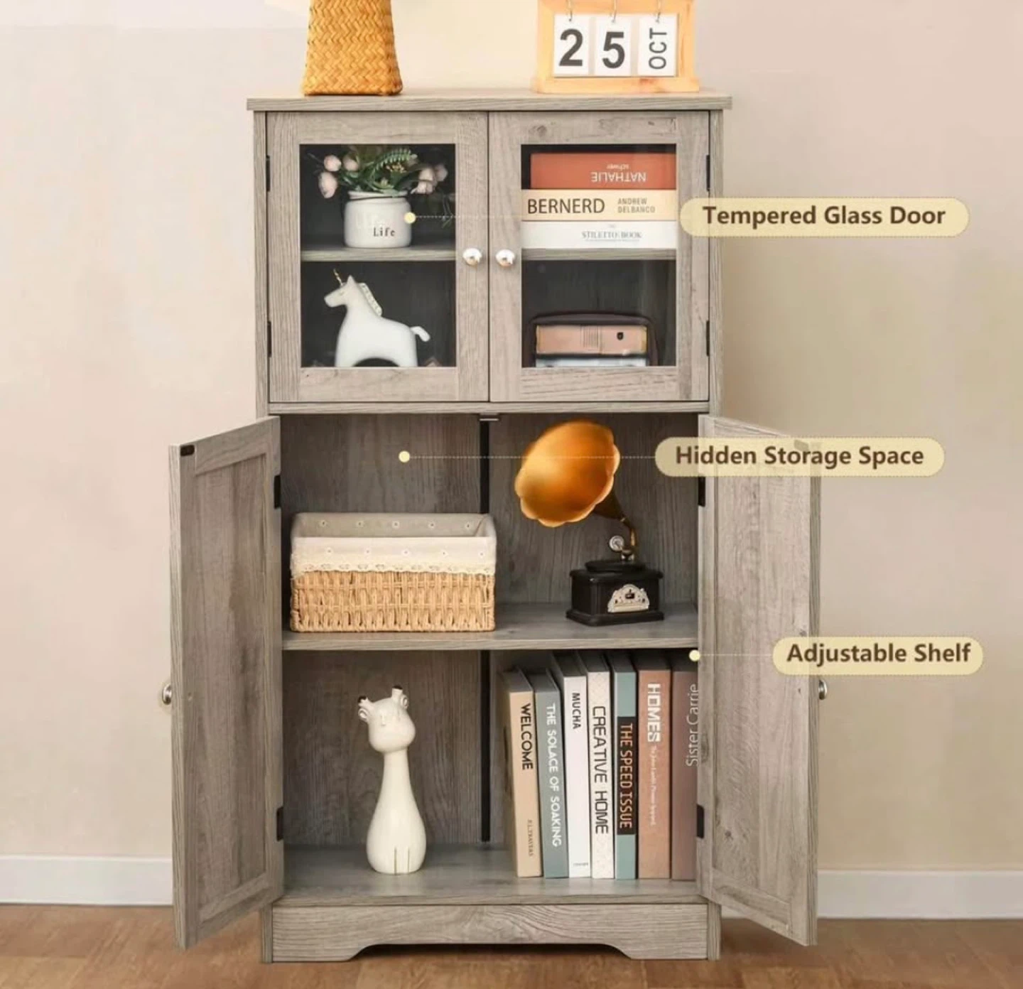Grey Wood Grain Accent Cabinet with Glass Door - photo 4