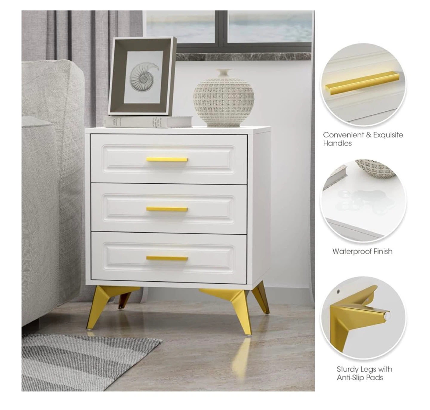 White Nightstand with 3 Drawers - photo 3