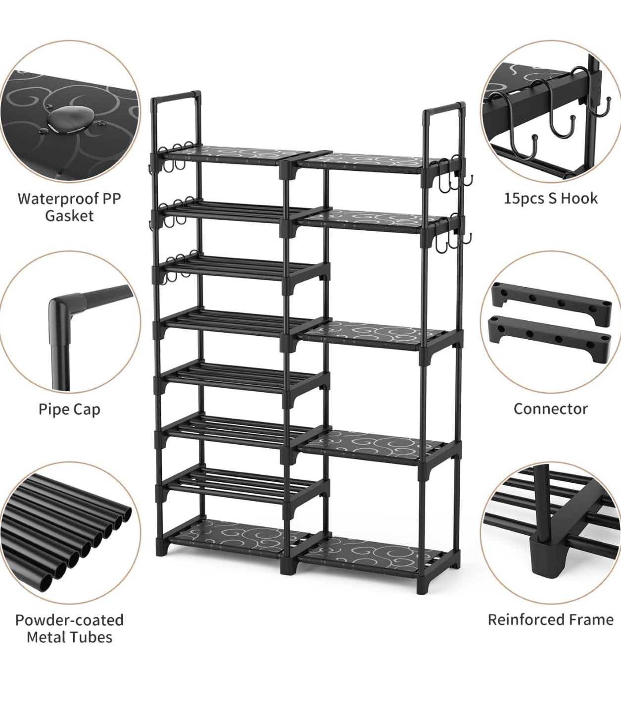 7-Tier Shoe Rack Organizer with Hooks, Black - photo 2