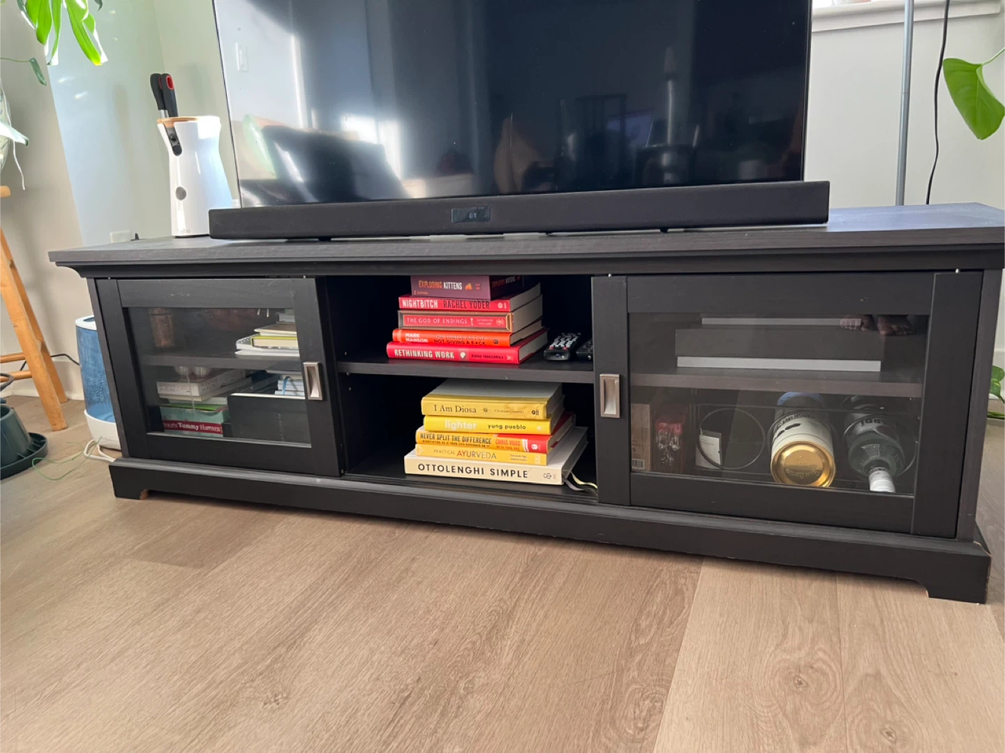 Black TV Stand with Sliding Glass Doors