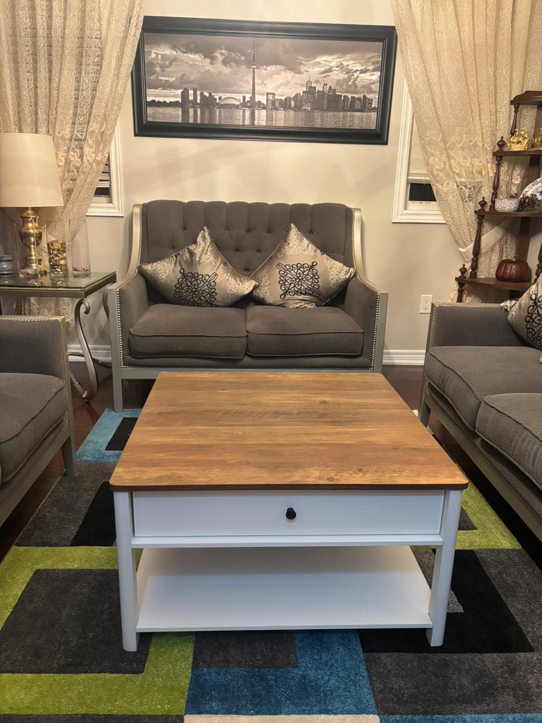 Wood & White Coffee Table with Drawer