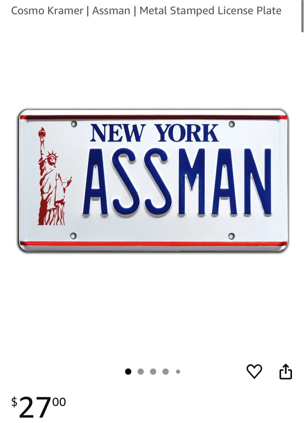 Cosmo Kramer Assman Metal Stamped License Plate