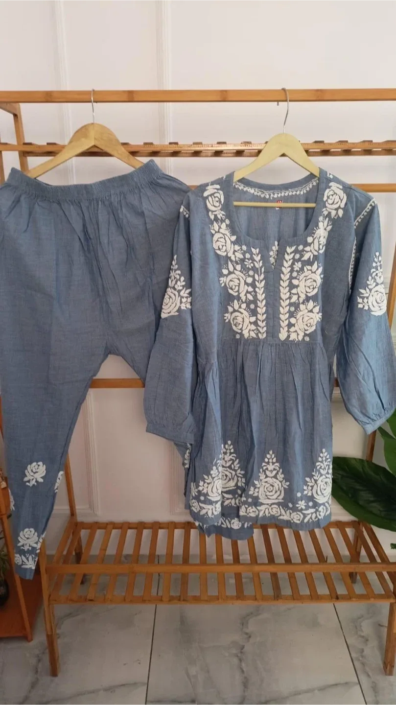 Blue Embroidered(chikankari) co-ord set image indicator(3)