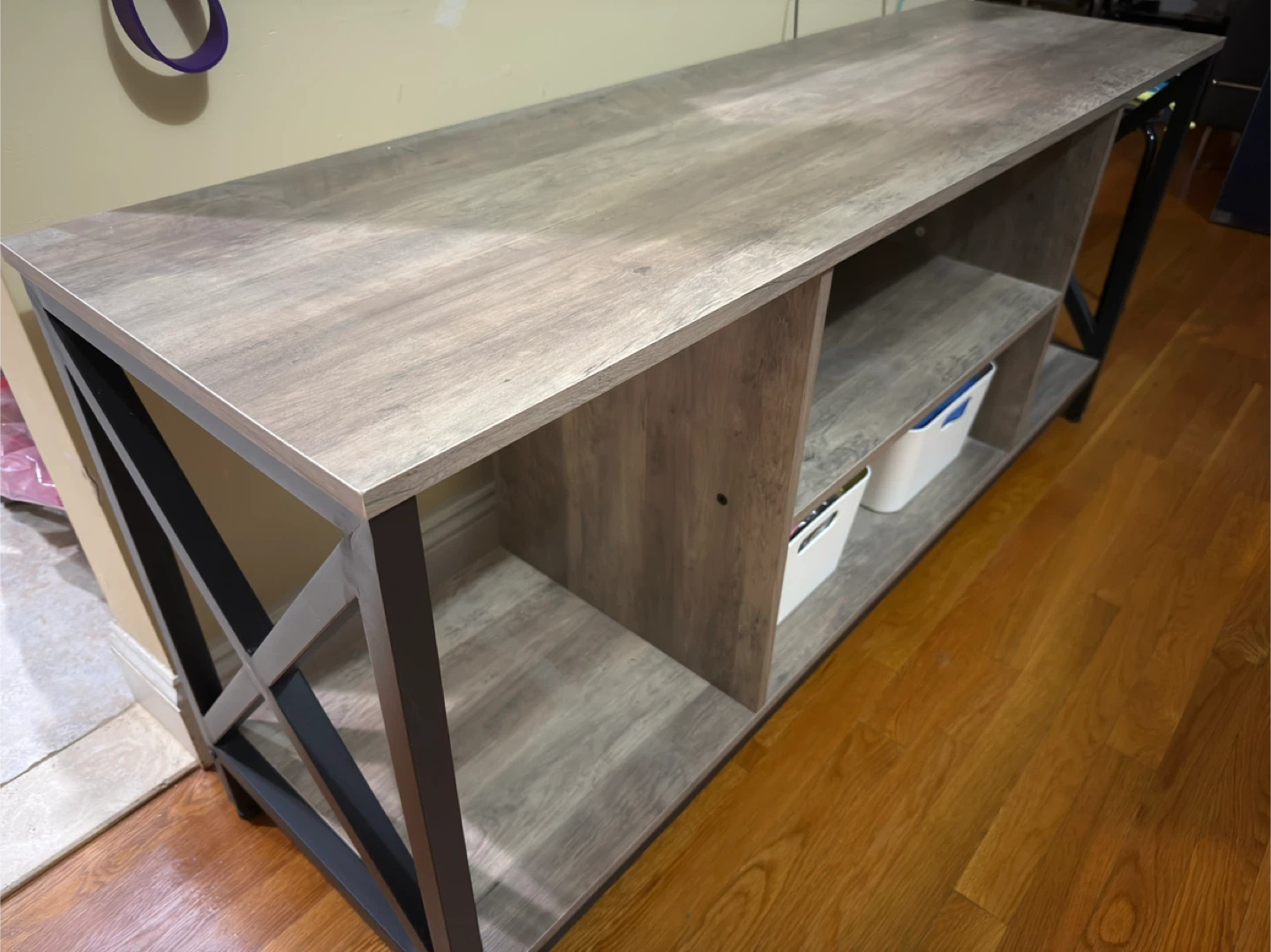 Console Table, gray wood with black metal frame