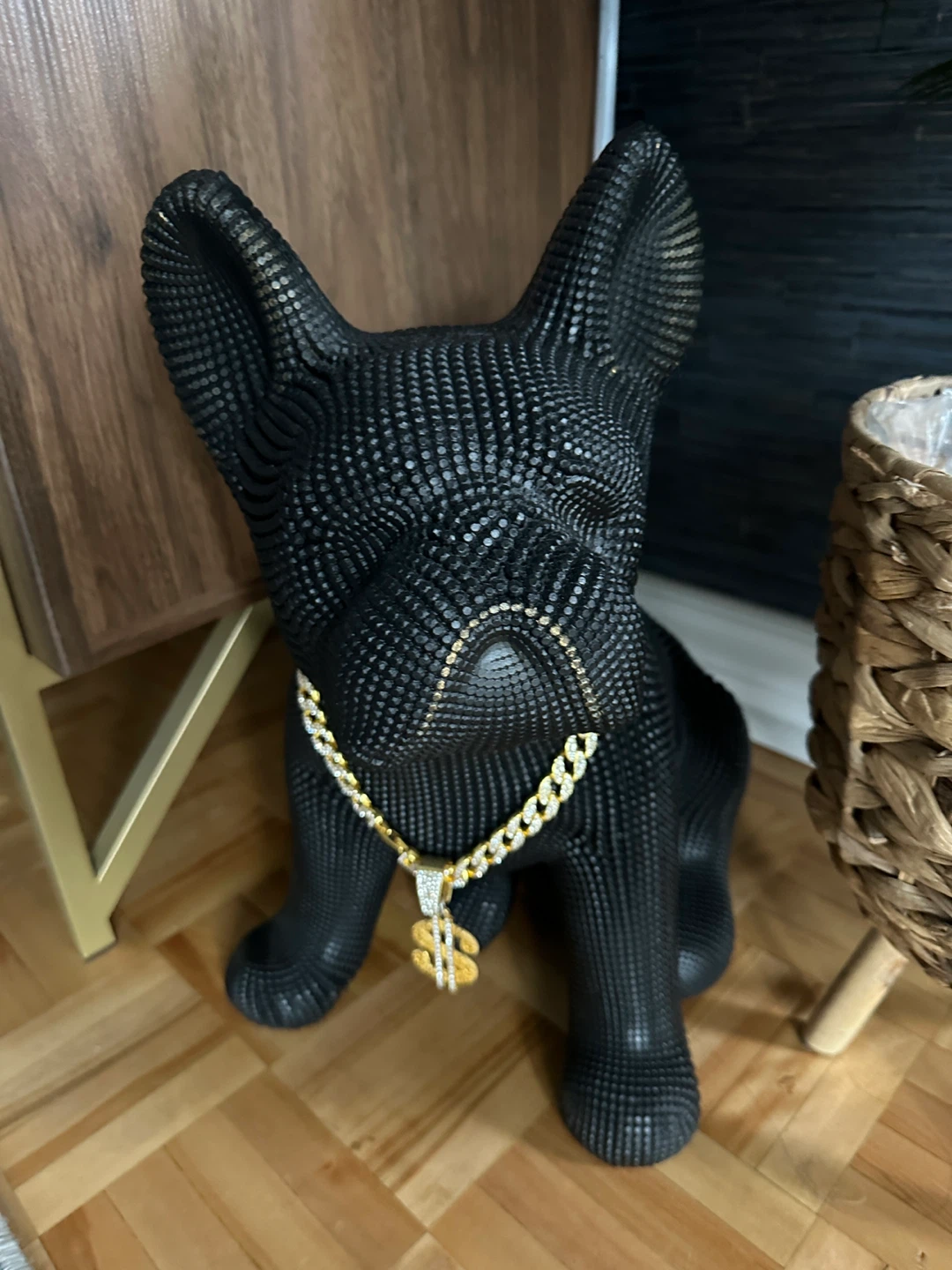 Black French Bulldog Sculpture with Gold Chain