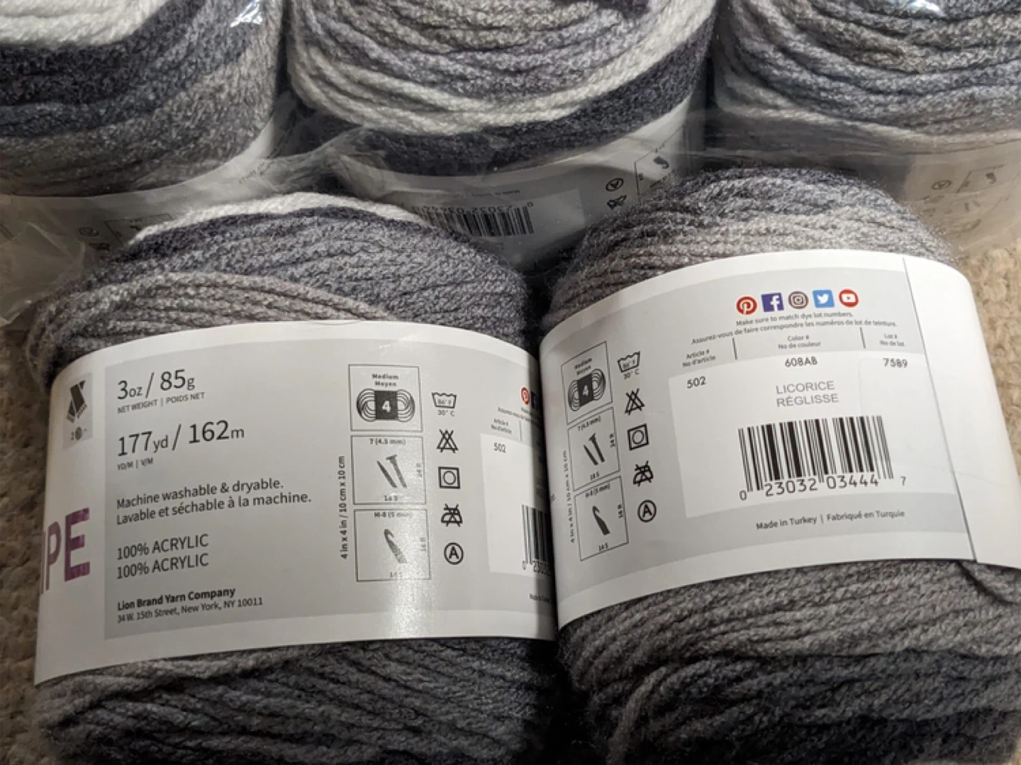 Lion Brand Just My Stripe Yarn - black white and gray 🥕 - photo 3