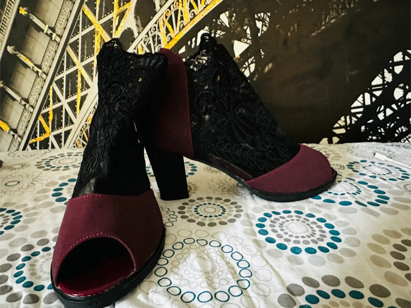 Burgundy Lace Open Toe Heels