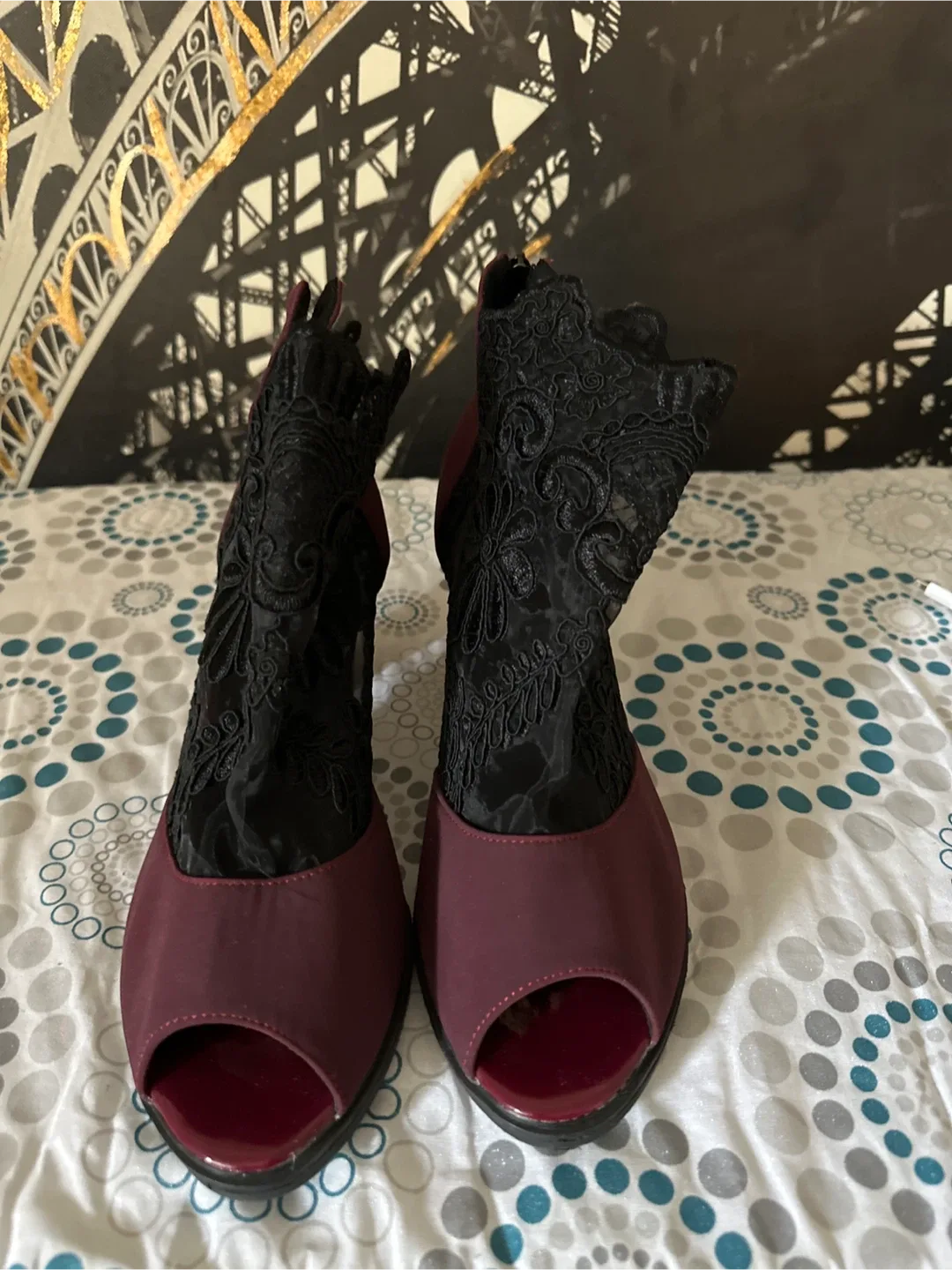 Burgundy Lace Open Toe Heels image indicator(2)