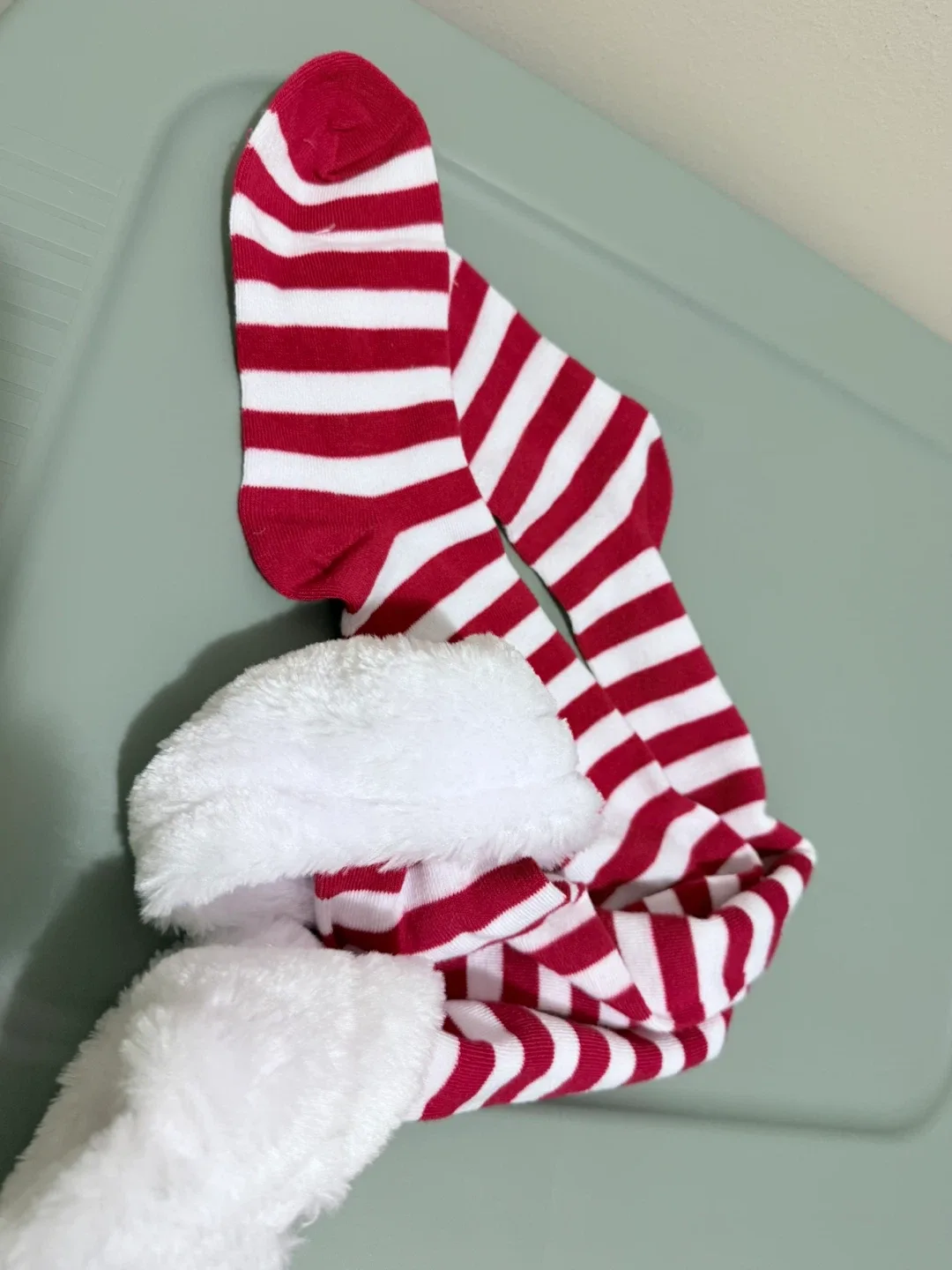 Claire's Red & White Striped Fuzzy Cuff Socks - New image indicator(3)