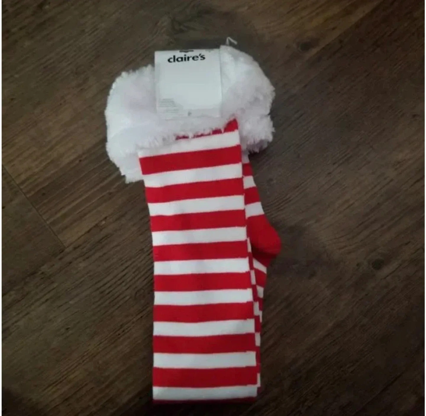 Claire's Red & White Striped Fuzzy Cuff Socks - New image indicator(2)
