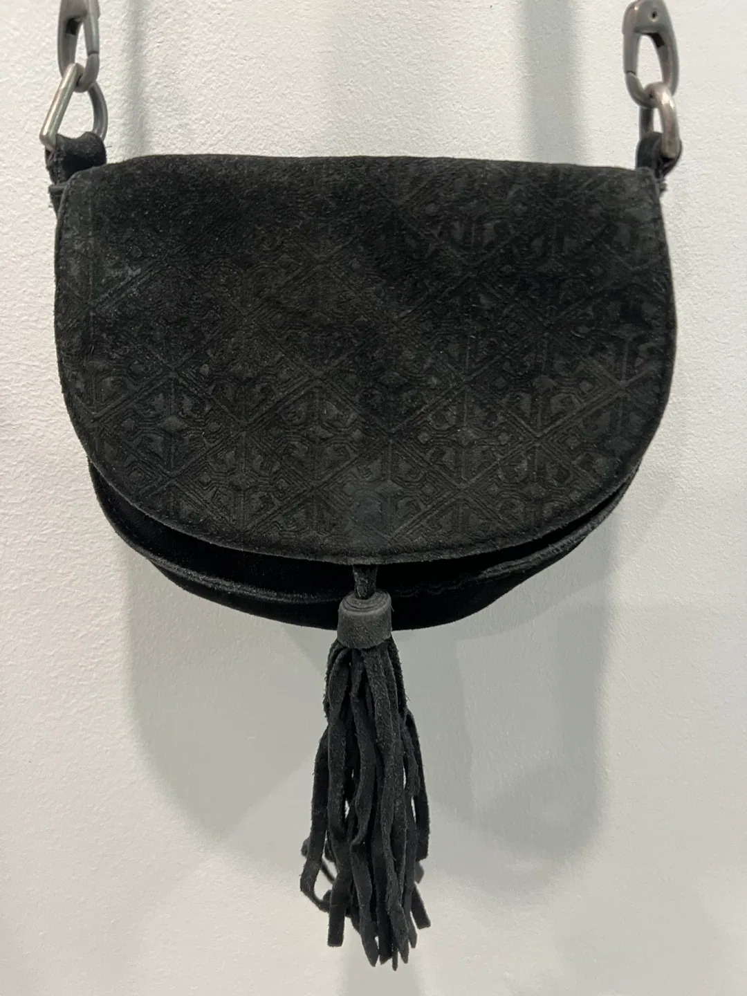 Black Suede Crossbody Bag with Tassel