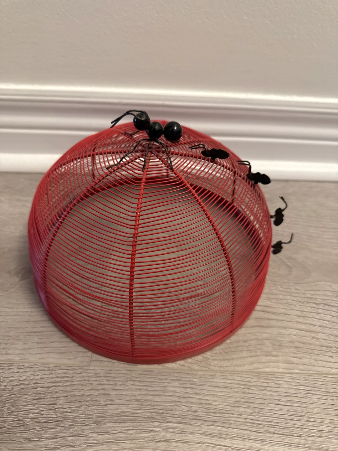 Red Metal Basket with Decorative Ants