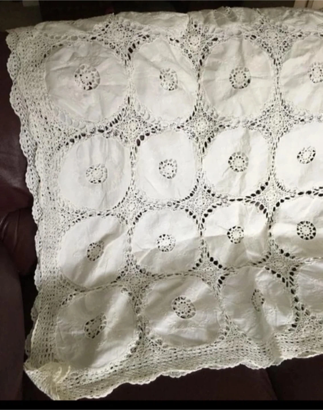 Vintage BIG cream Crochet embroidery Tablecloth
