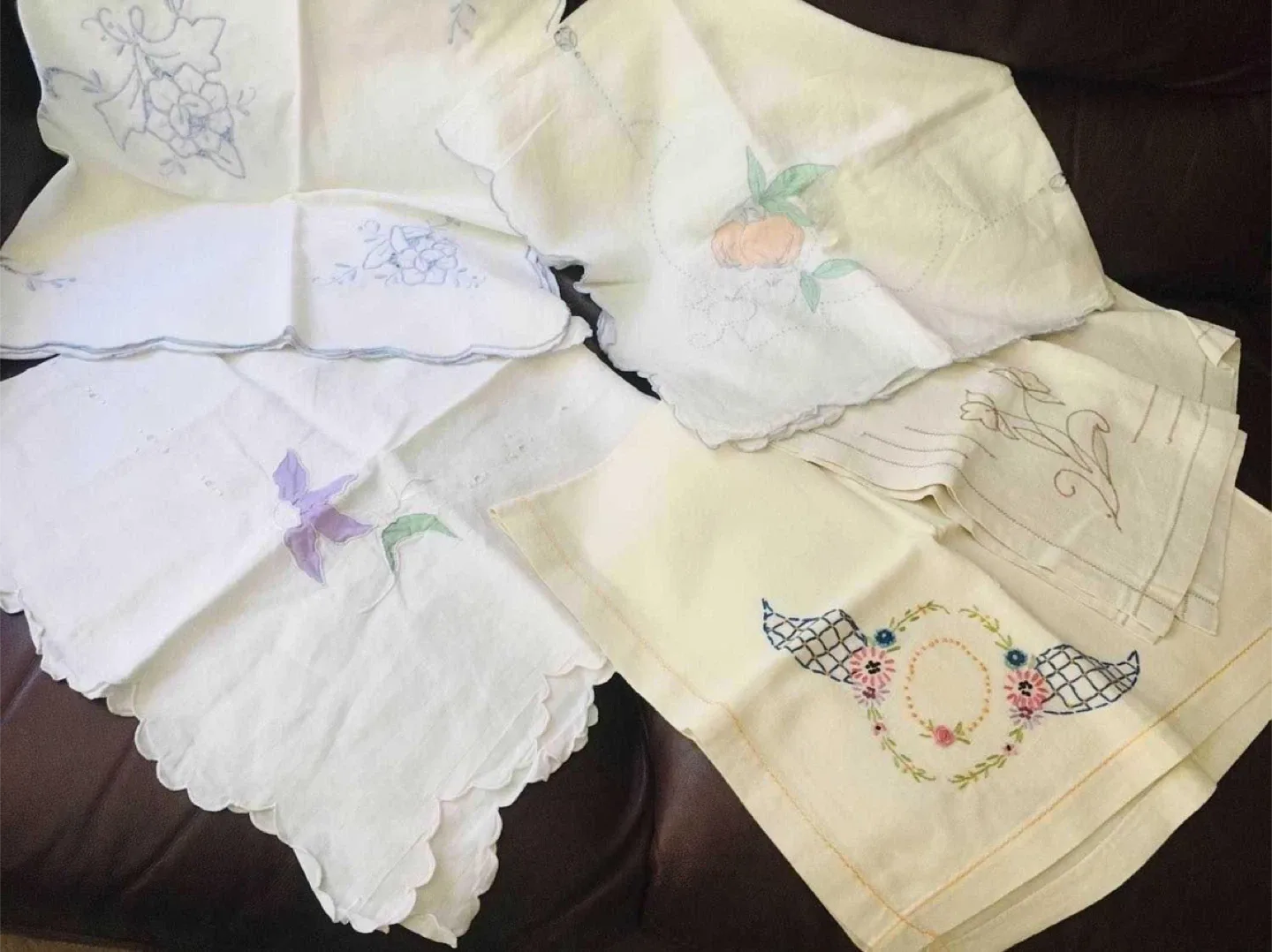 FIVE antique Embroidered Tablecloths Linen & cotton image indicator(5)