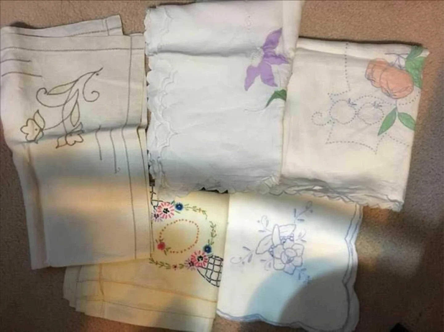 FIVE antique Embroidered Tablecloths Linen & cotton image indicator(2)
