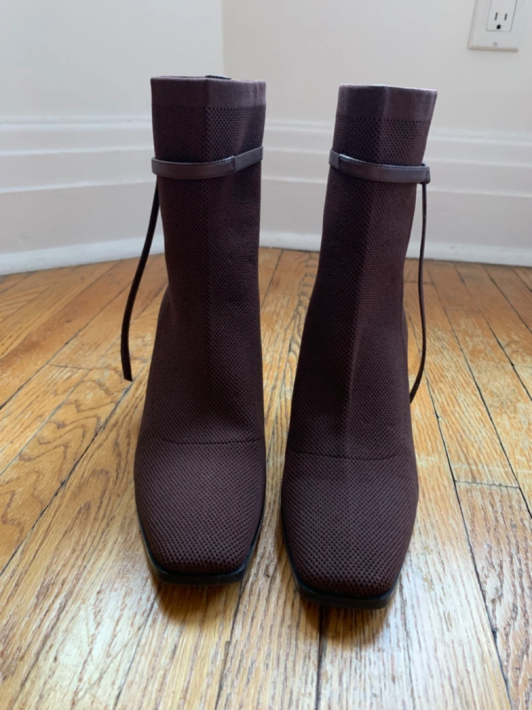 Coffee Square Toe Heeled Ankle Boots, Size 8