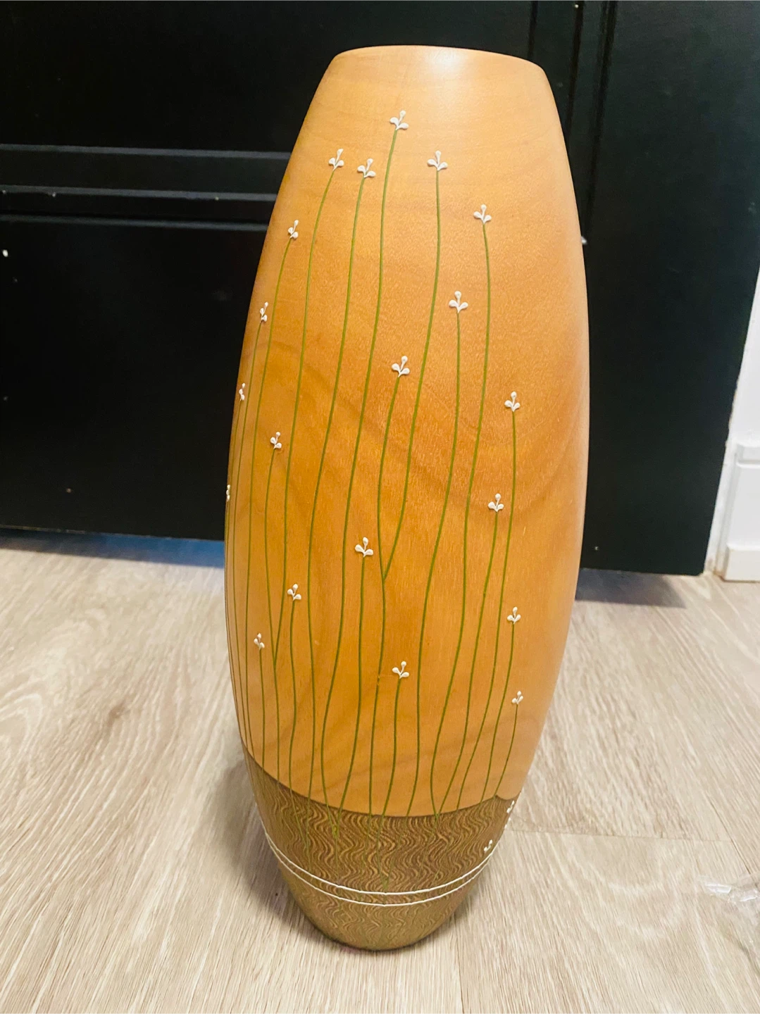Wooden Vase with Hand Drawn Floral Design